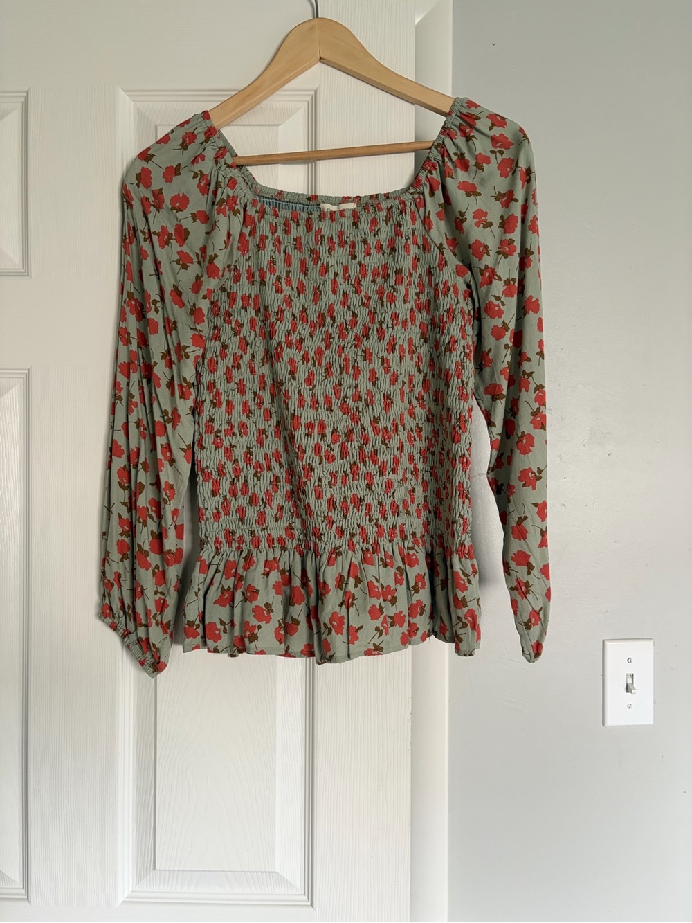 Roolee Sage Green Smocked Blouse with Pink/Red Floral